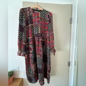 Zara women’s sheer abstract long sleeve midi dress in large